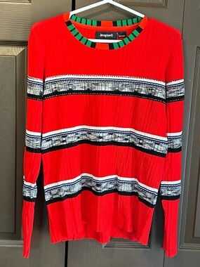 Desigual Red Ribbed Sweater with Green and Black Trim